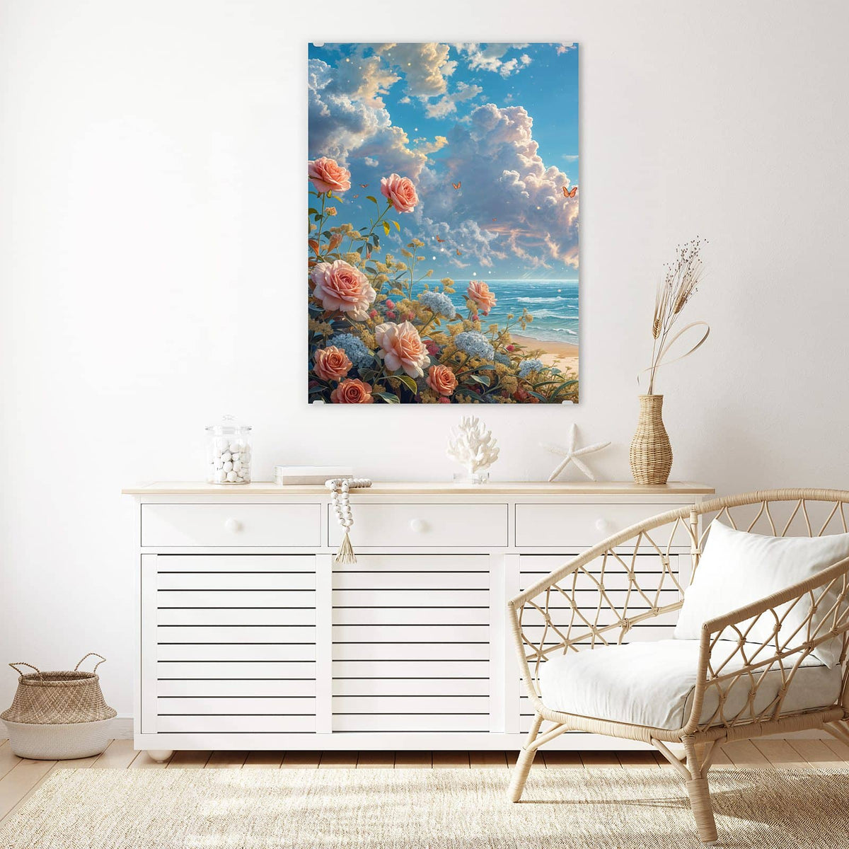 Aufhängung liegt bei – Motiv später wechselbar – Wandbild - Rosen vor dem Meer - Hochformat