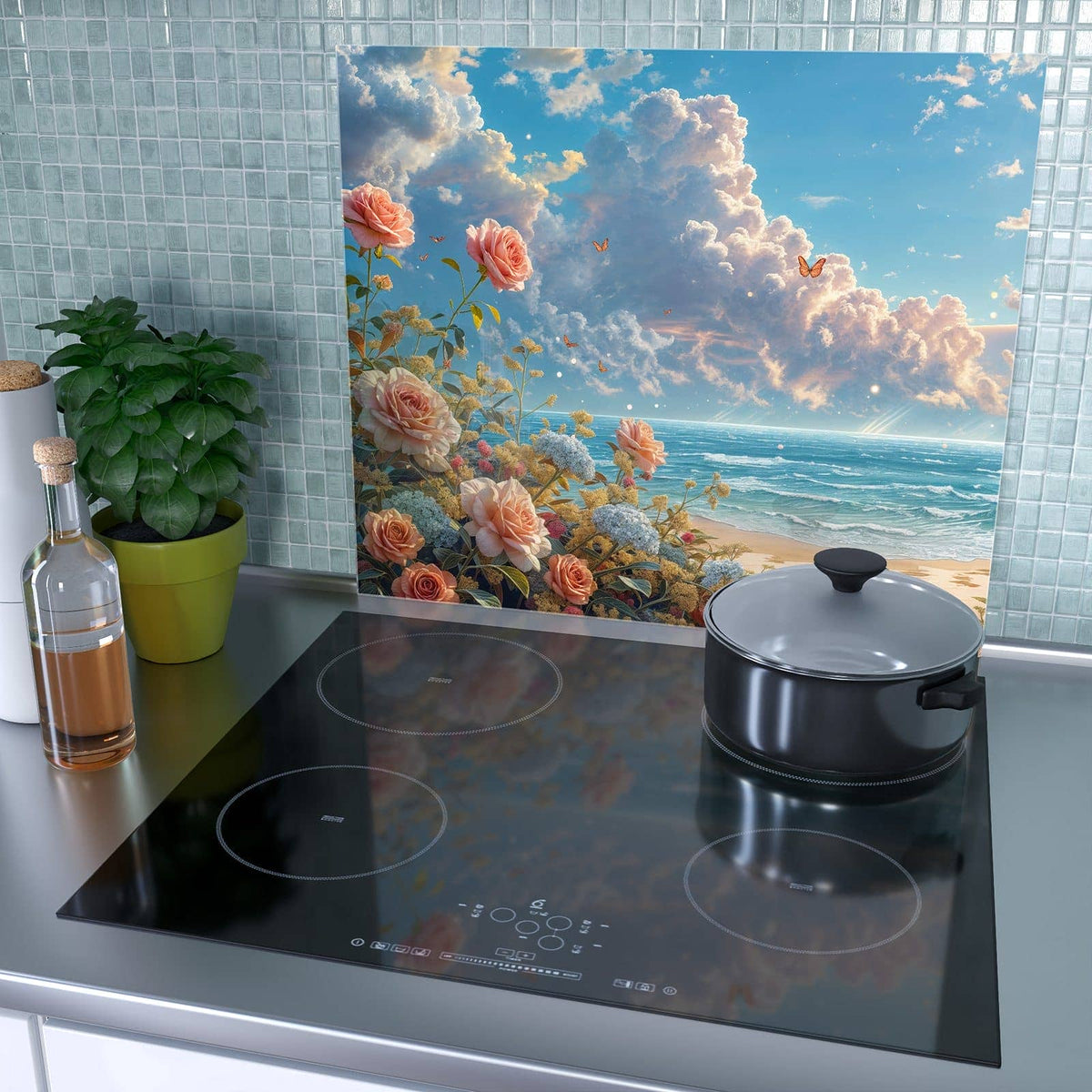 1-teilige Herdabdeckplatten für den Herd mit Strandzeit mit Rosen-Motiv als Spritzschutz