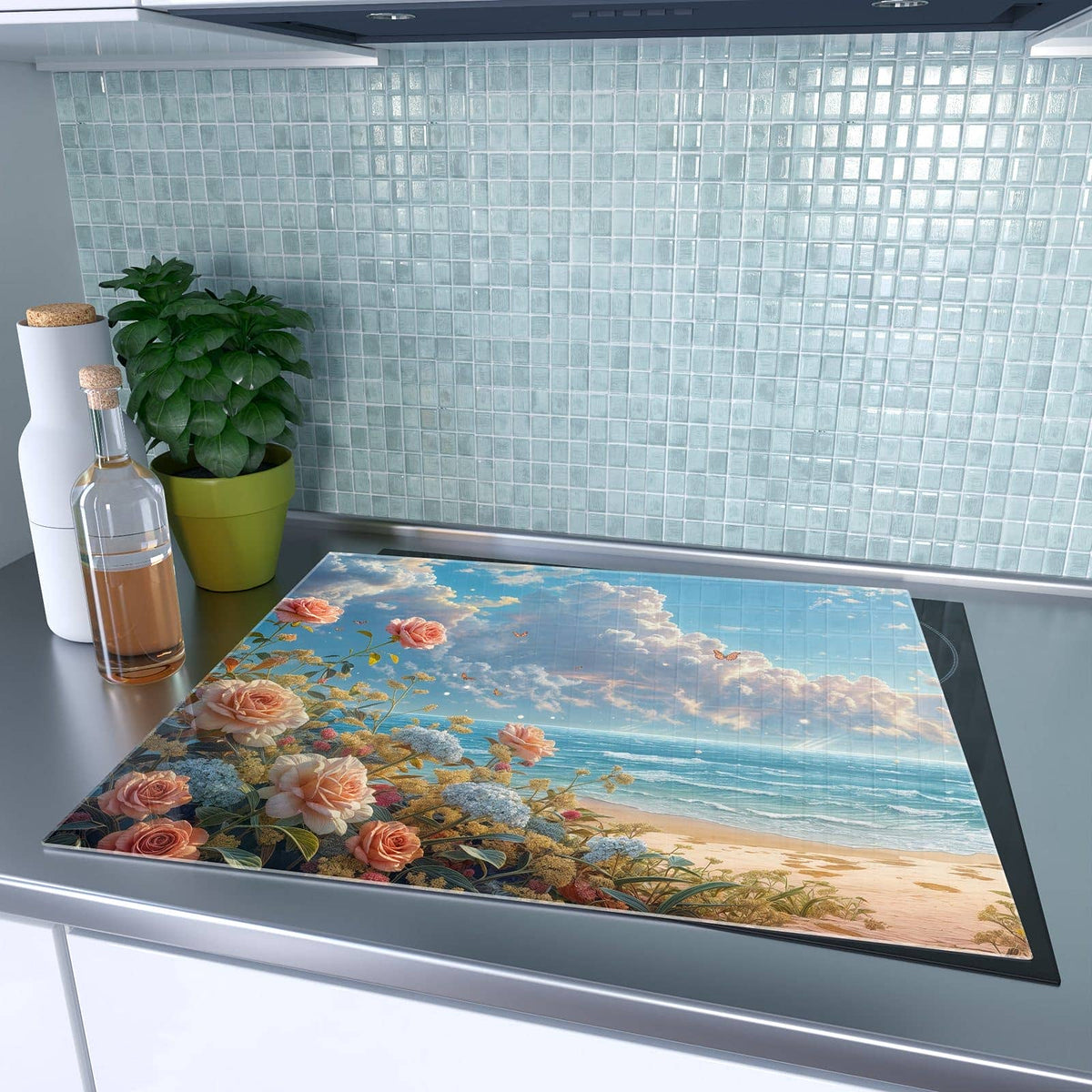 1-teilige Ceranfeld Abdeckplatten mit Strandzeit mit Rosen-Motiv auf dem Ceranfeld