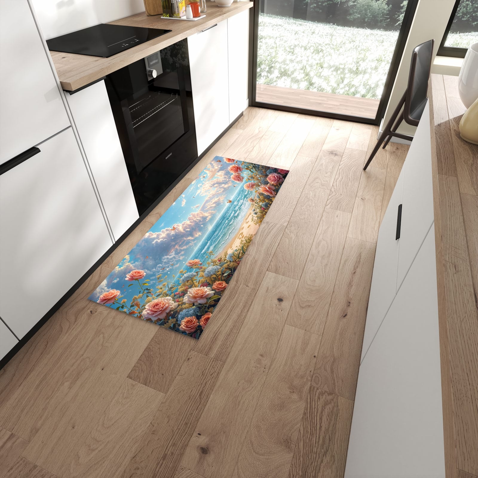 Strapazierfähiger Läufer für die Küche mit Motiv Strandzeit mit Rosen in moderner Küche #grösse_60 x 150 cm