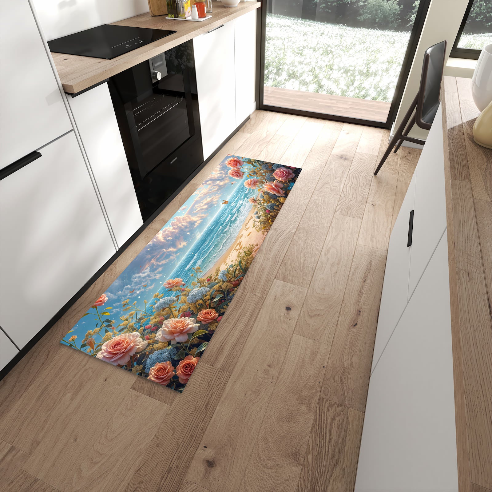 Waschbarer Küchenläufer mit Motiv Strandzeit mit Rosen in moderner Küche