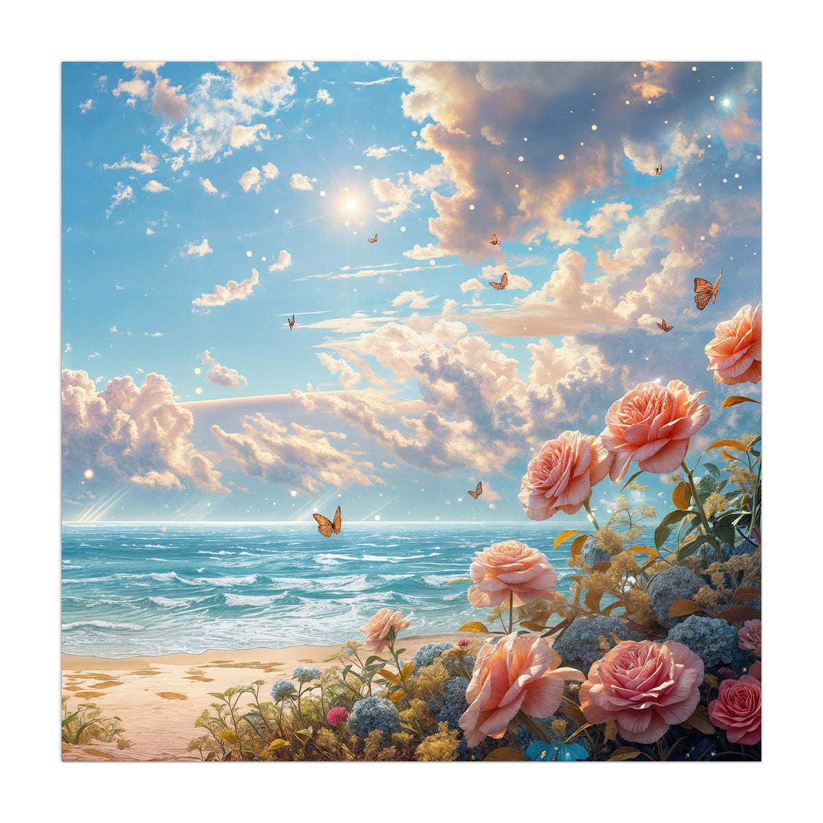 Aprikosen- und rosafarbene Rosen im Vordergrund, dahinter Meer, Wolkenhimmel und kleine Schmetterlinge