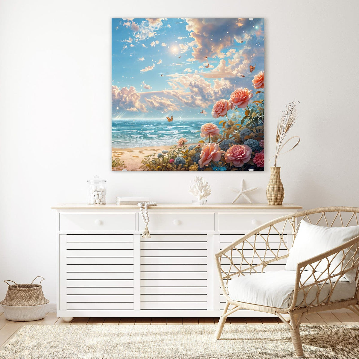 Echtglas, 4 mm – kein Acryl, keine Folie – Wandbild - Rosen vor dem Meer - Quadratisch