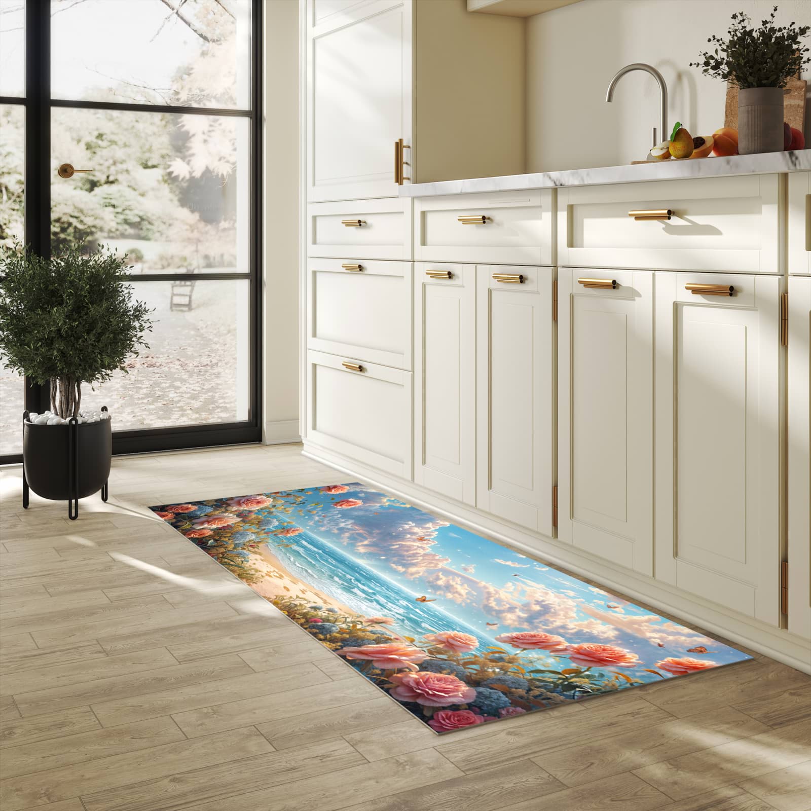Waschbarer Bodenläufer Teppich mit Motiv Strandzeit mit Rosen in heller Küche