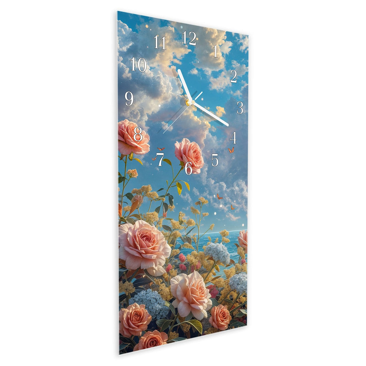 Vormontiert – mit Schwebeeffekt – Wanduhr Strandzeit mit Rosen aus Glas – Hochformat 30 × 60 cm