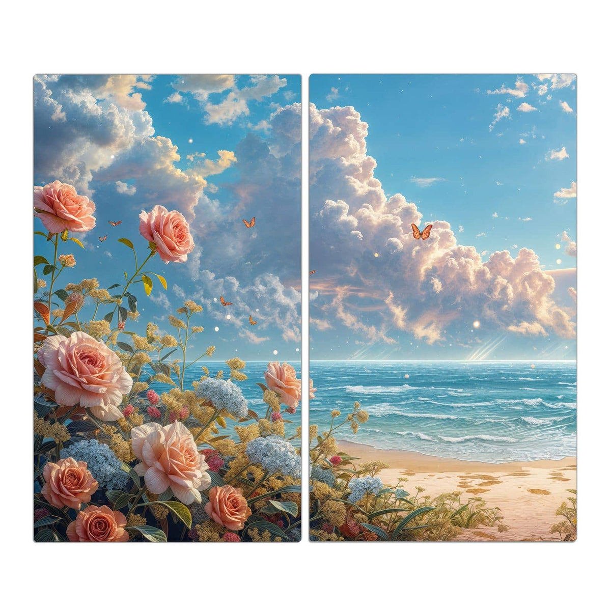 Aprikosen- und rosafarbene Rosen im Vordergrund, dahinter Meer, Wolkenhimmel und kleine Schmetterlinge
