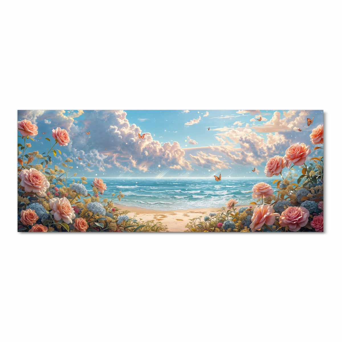 Aprikosen- und rosafarbene Rosen im Vordergrund, dahinter Meer, Wolkenhimmel und kleine Schmetterlinge