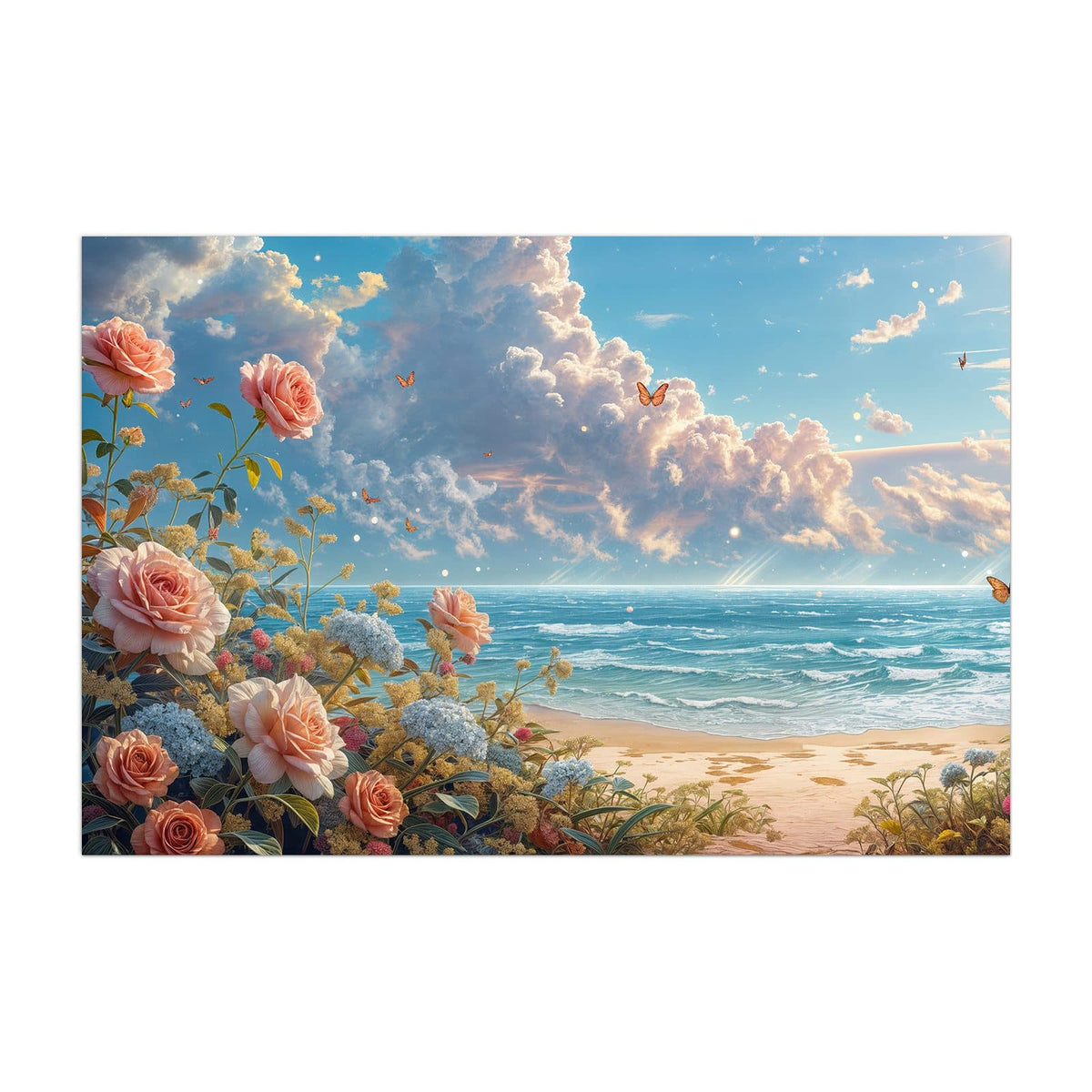 Küchenrückwand aus Glas Rosen vor dem Meer im Hochformat, Motiv bildfüllend von vorn