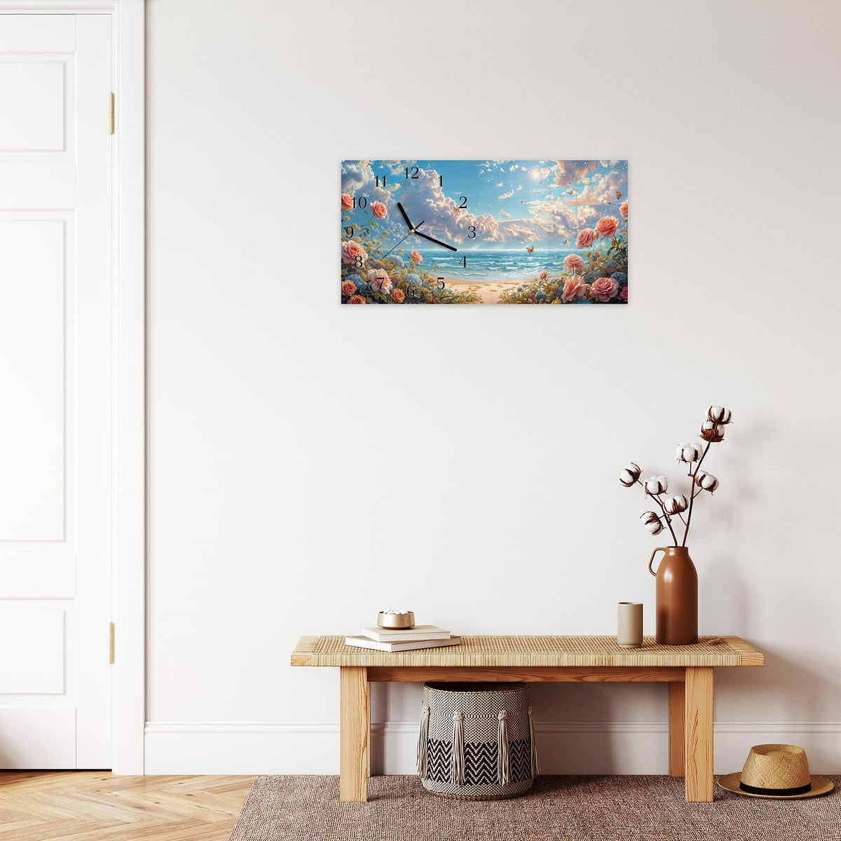 Moderne Wanduhr aus Glas mit Farbtiefe – Wanduhr Strandzeit mit Rosen aus Glas – Querformat 60 × 30 cm