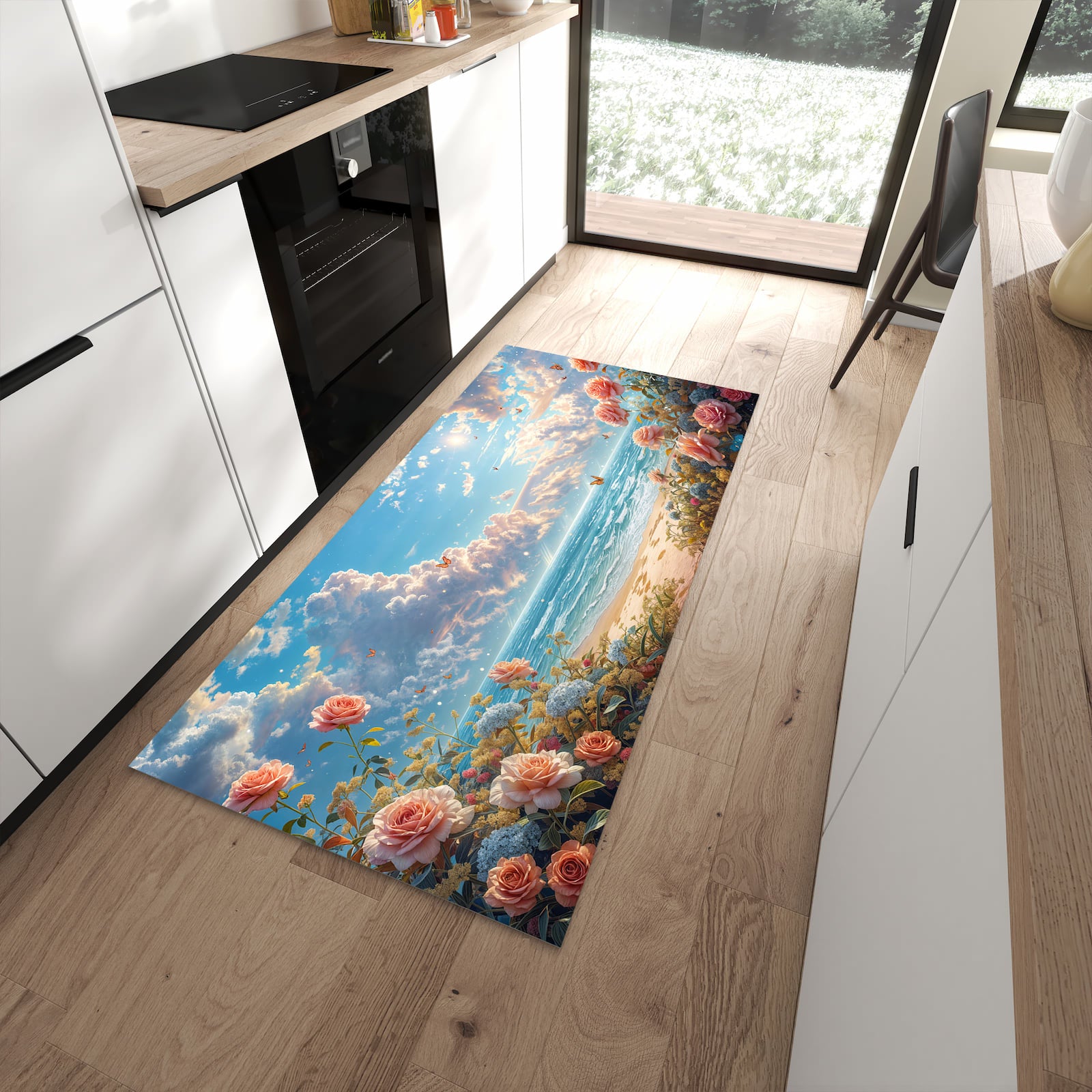 Waschbarer Küchenläufer mit Motiv Strandzeit mit Rosen in moderner Küche für sichere Aufbewahrung