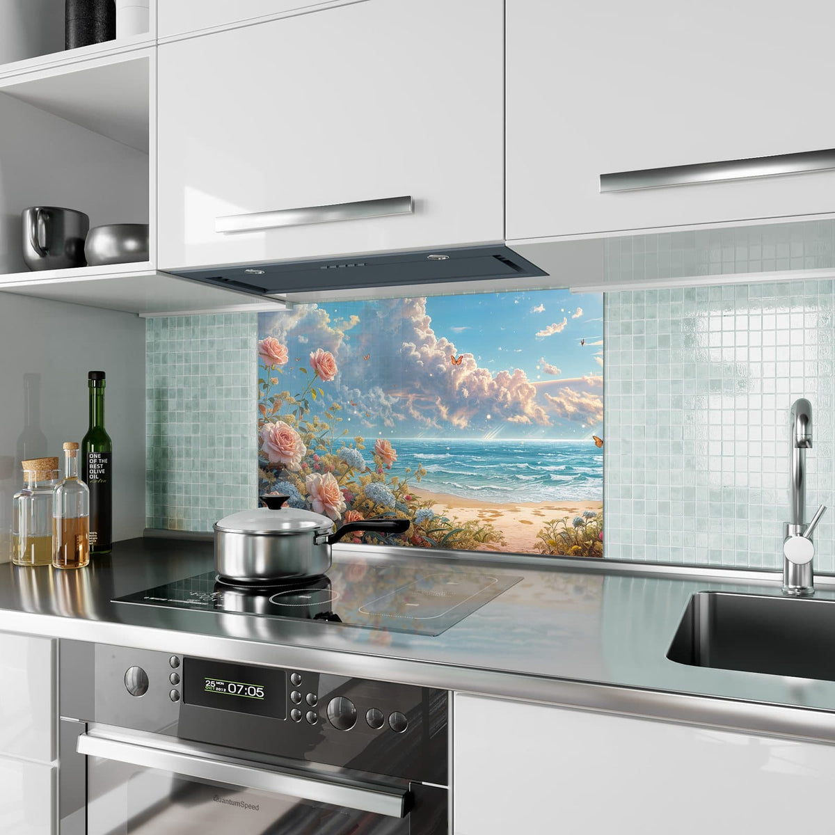 Küchenrückwand aus Glas Rosen vor dem Meer im Hochformat als Spritzschutz hinter dem Kochfeld, über dem Fliesenspiegel montiert