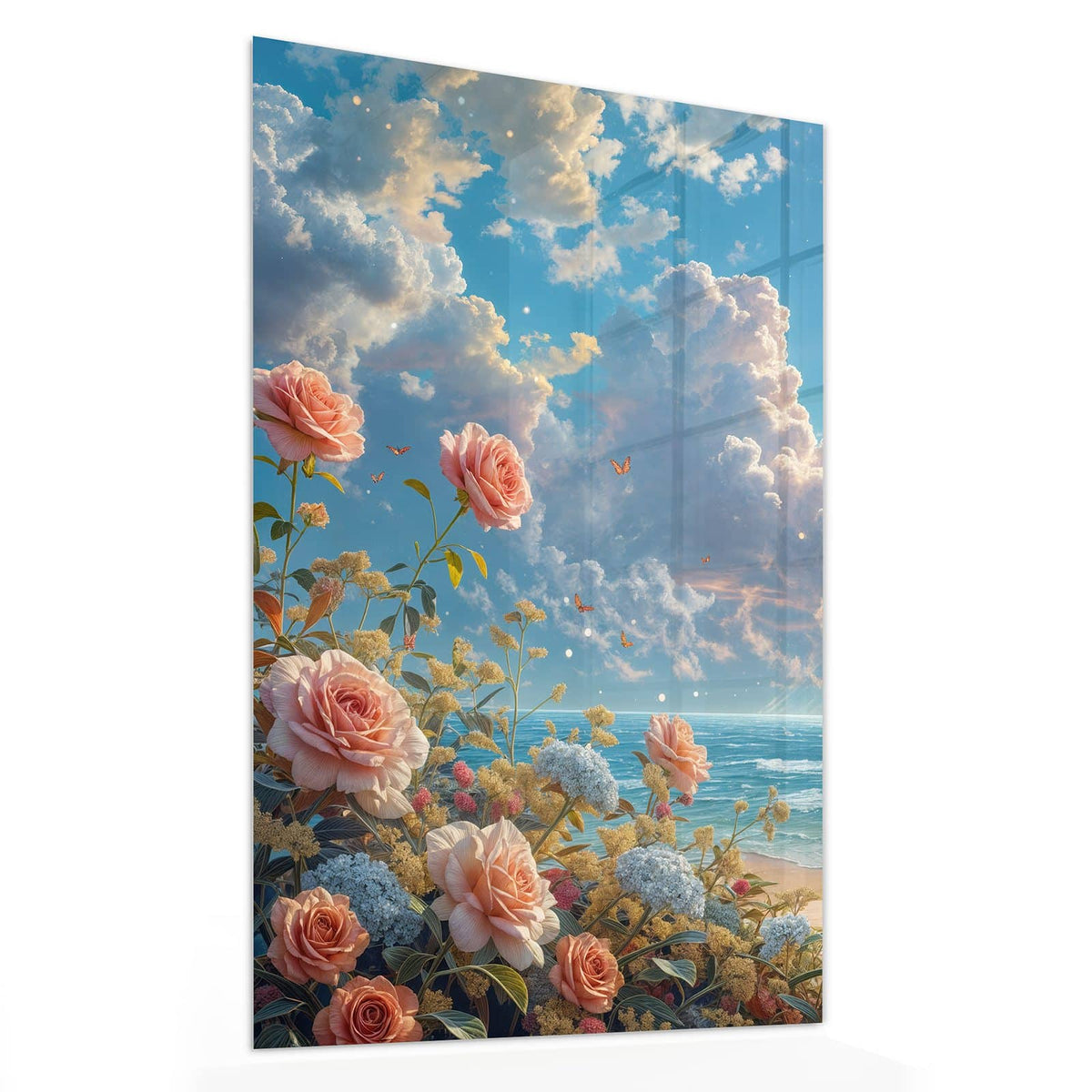 11 Größen – von 30 × 60 bis 60 × 150 cm – Wandbild - Rosen vor dem Meer - Hochformat
