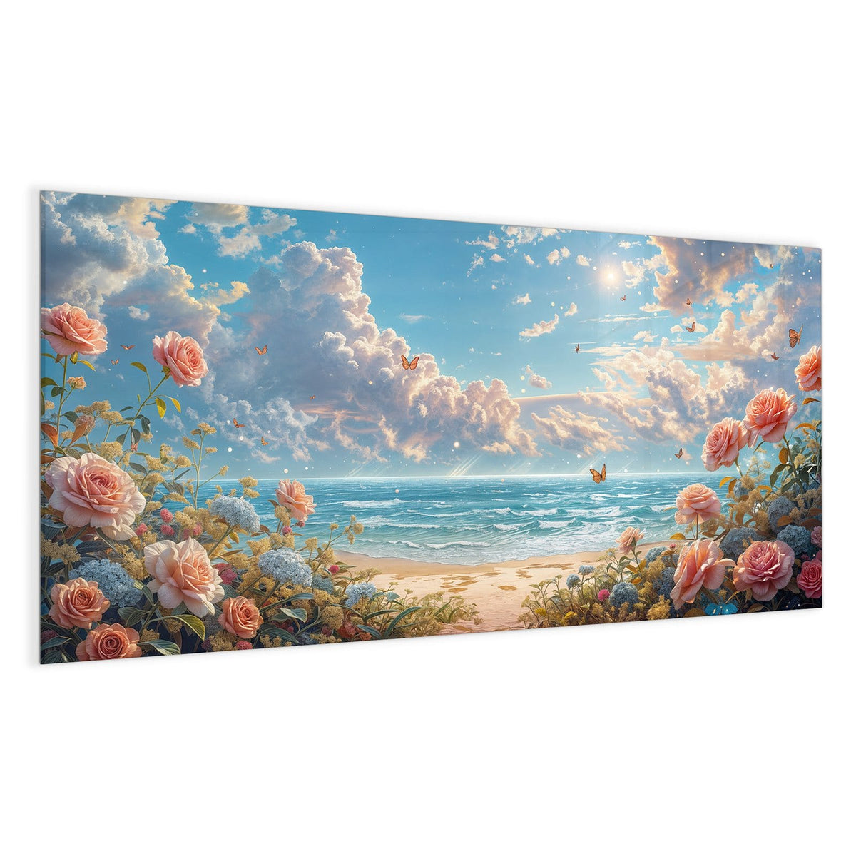 Aprikosen- und rosafarbene Rosen im Vordergrund, dahinter Meer, Wolkenhimmel und kleine Schmetterlinge