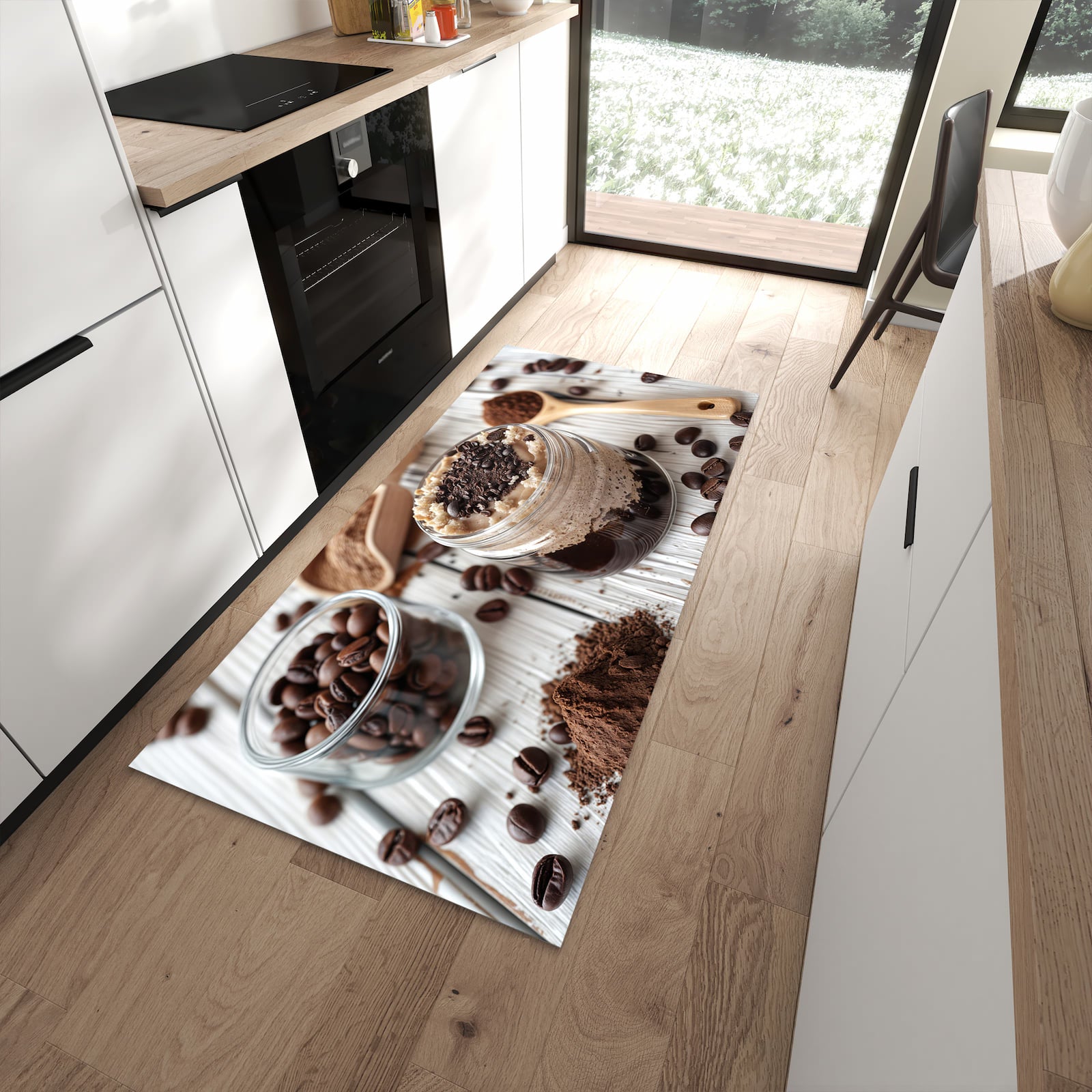 Pflegeleichter Küchenteppich mit Motiv Kaffeedessert Glas in moderner Küche