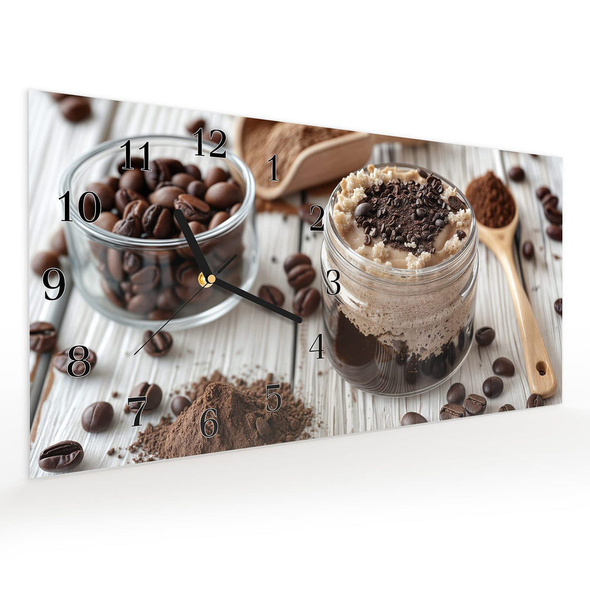 Vormontiert – mit Schwebeeffekt – Wanduhr Kaffeedessert Glas aus Glas – Querformat 60 × 30 cm