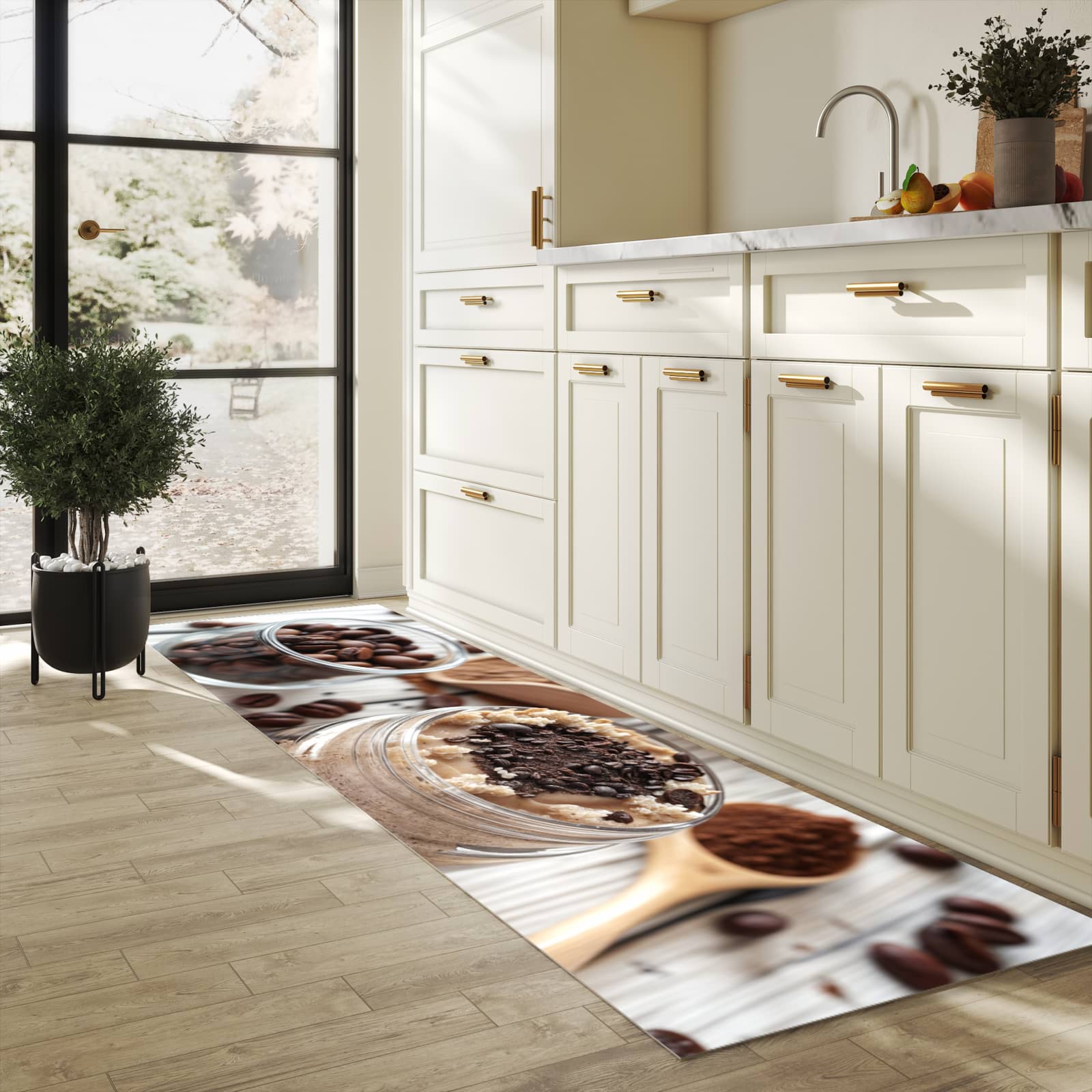 Geruchsneutraler langer Teppich mit Motiv Kaffeedessert Glas in heller Küche