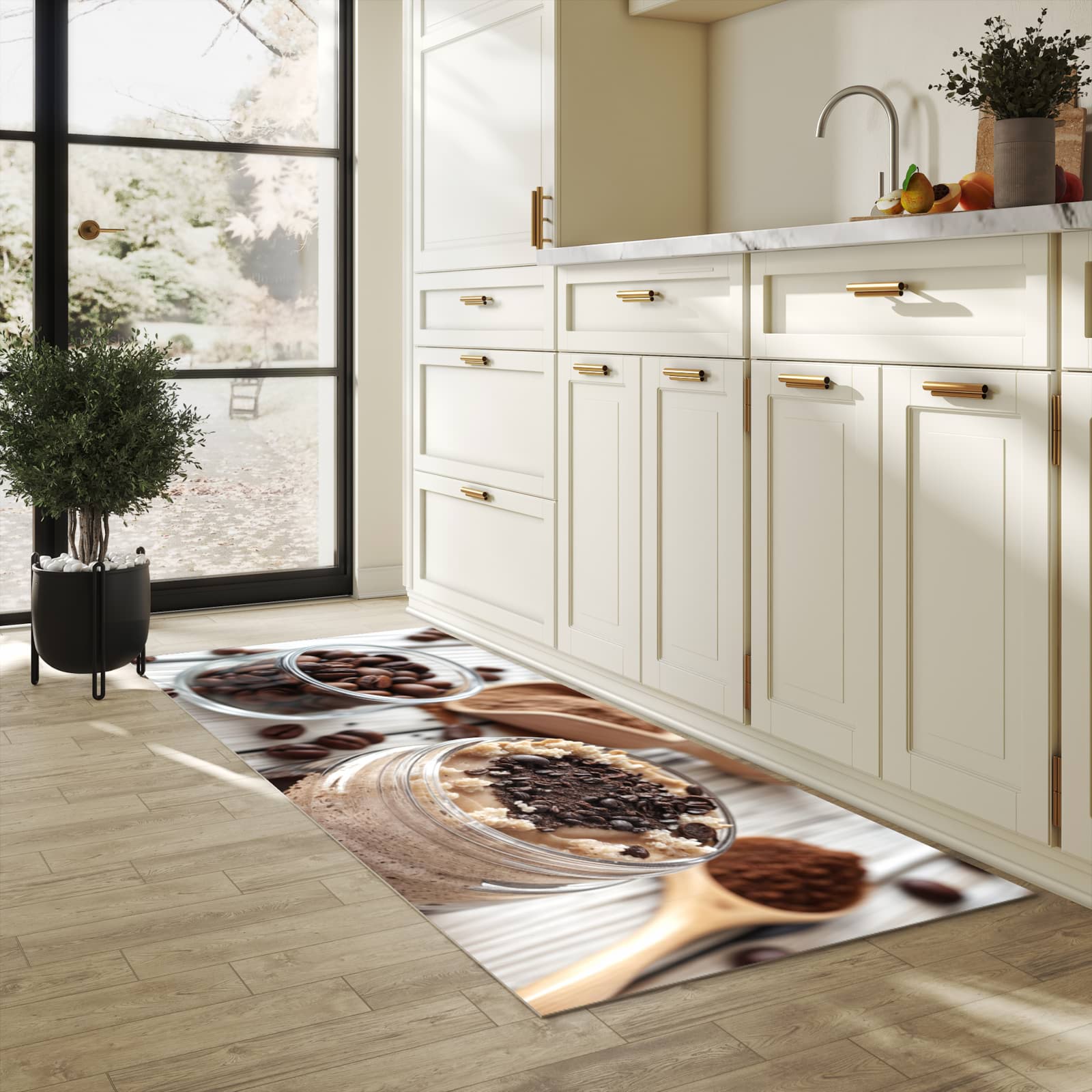 Flacher Läufer mit Motiv Kaffeedessert Glas für rutschfesten Halt in heller Küche