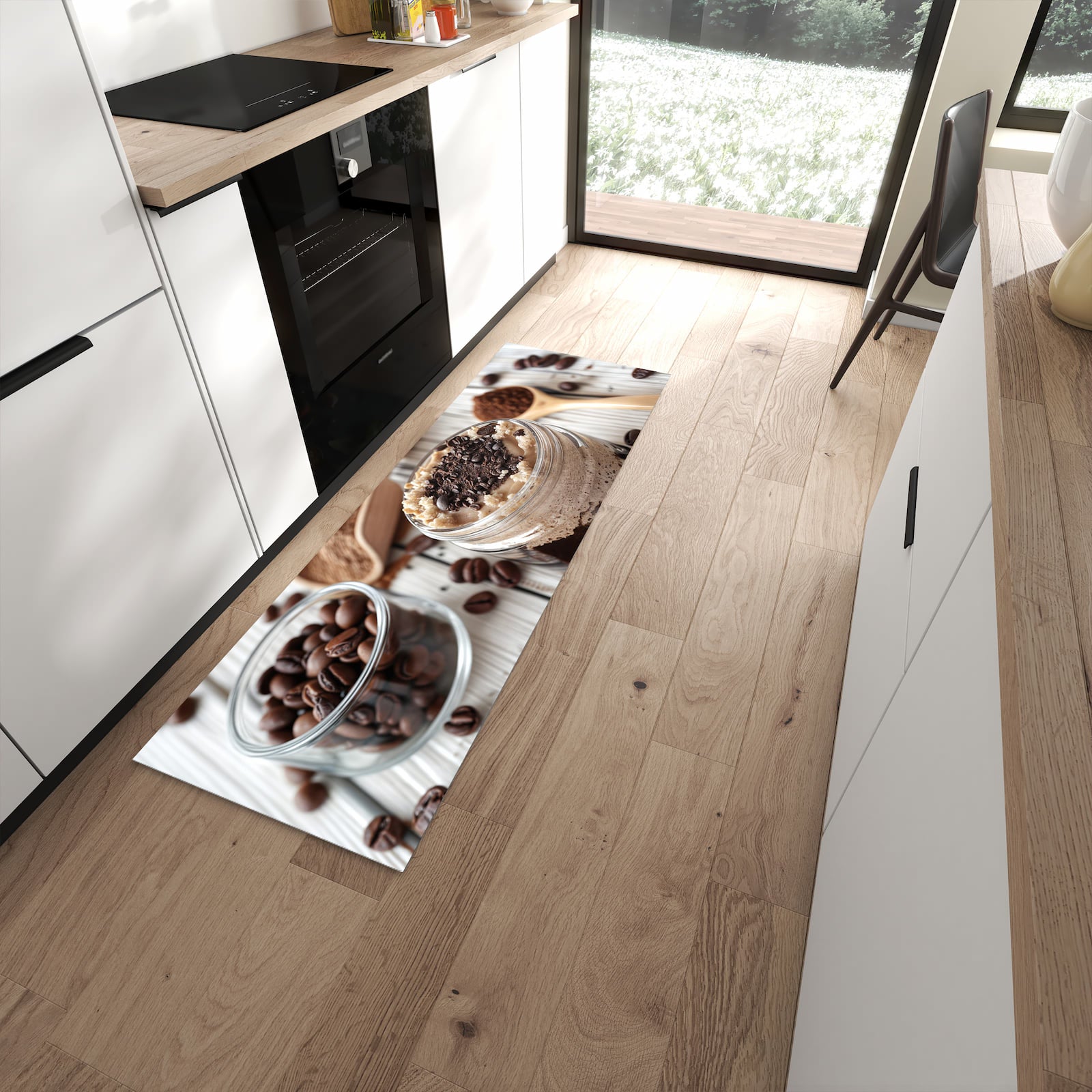 Wasserabweisender Küchenläufer mit Motiv Kaffeedessert Glas in moderner Küche