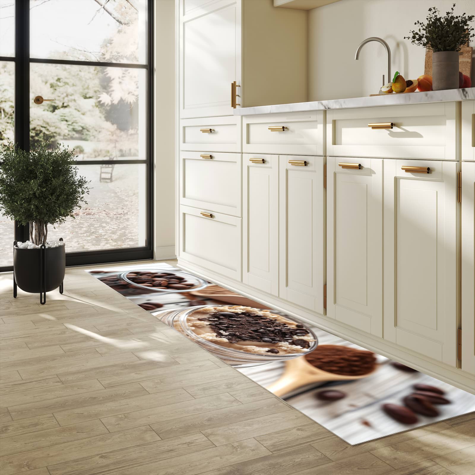 UV-beständiger Küchenläufer mit Motiv Kaffeedessert Glas in heller Küche