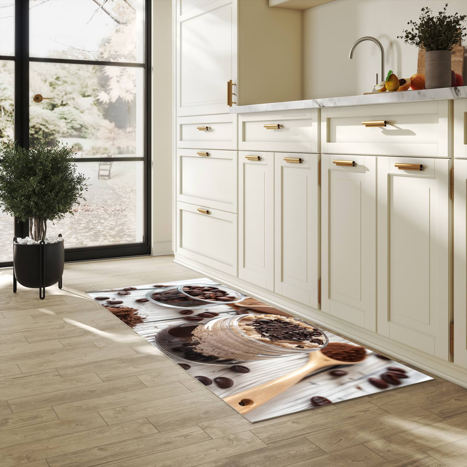 Wasserabweisender Teppichläufer mit Motiv Kaffeedessert Glas in heller Küche