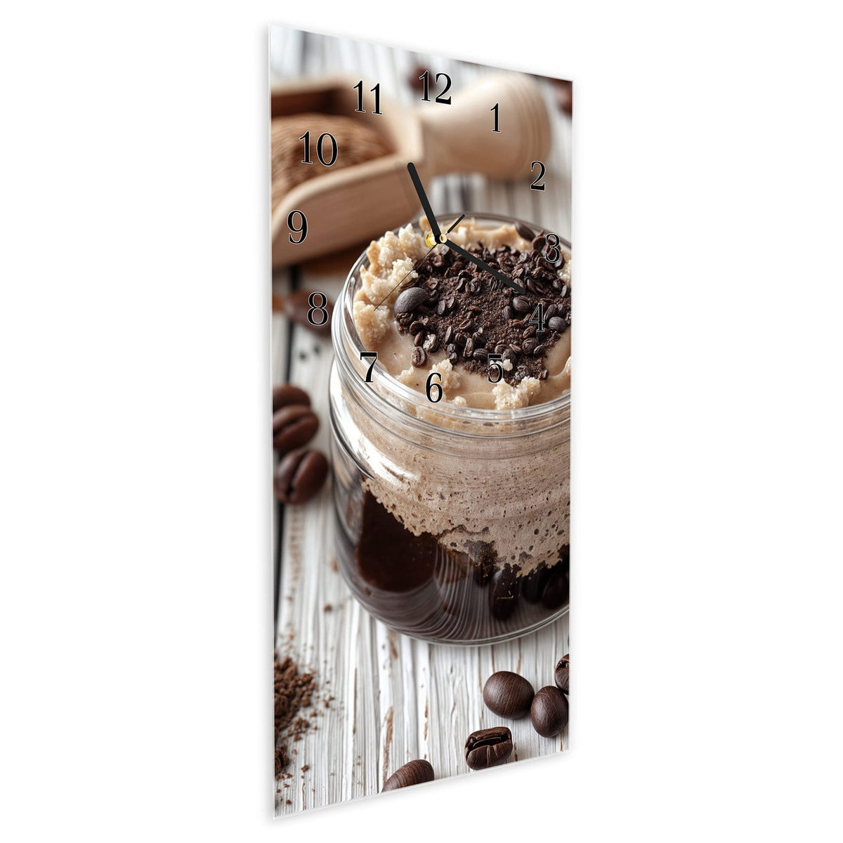 Vormontiert – mit Schwebeeffekt – Wanduhr Kaffeedessert Glas aus Glas – Hochformat 30 × 60 cm