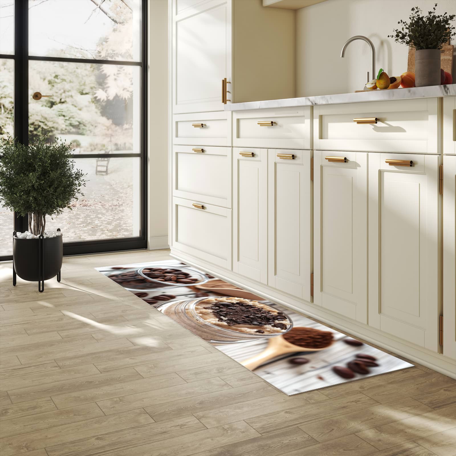 Geräuschdämpfender Küchenvorleger mit Motiv Kaffeedessert Glas in heller Küche