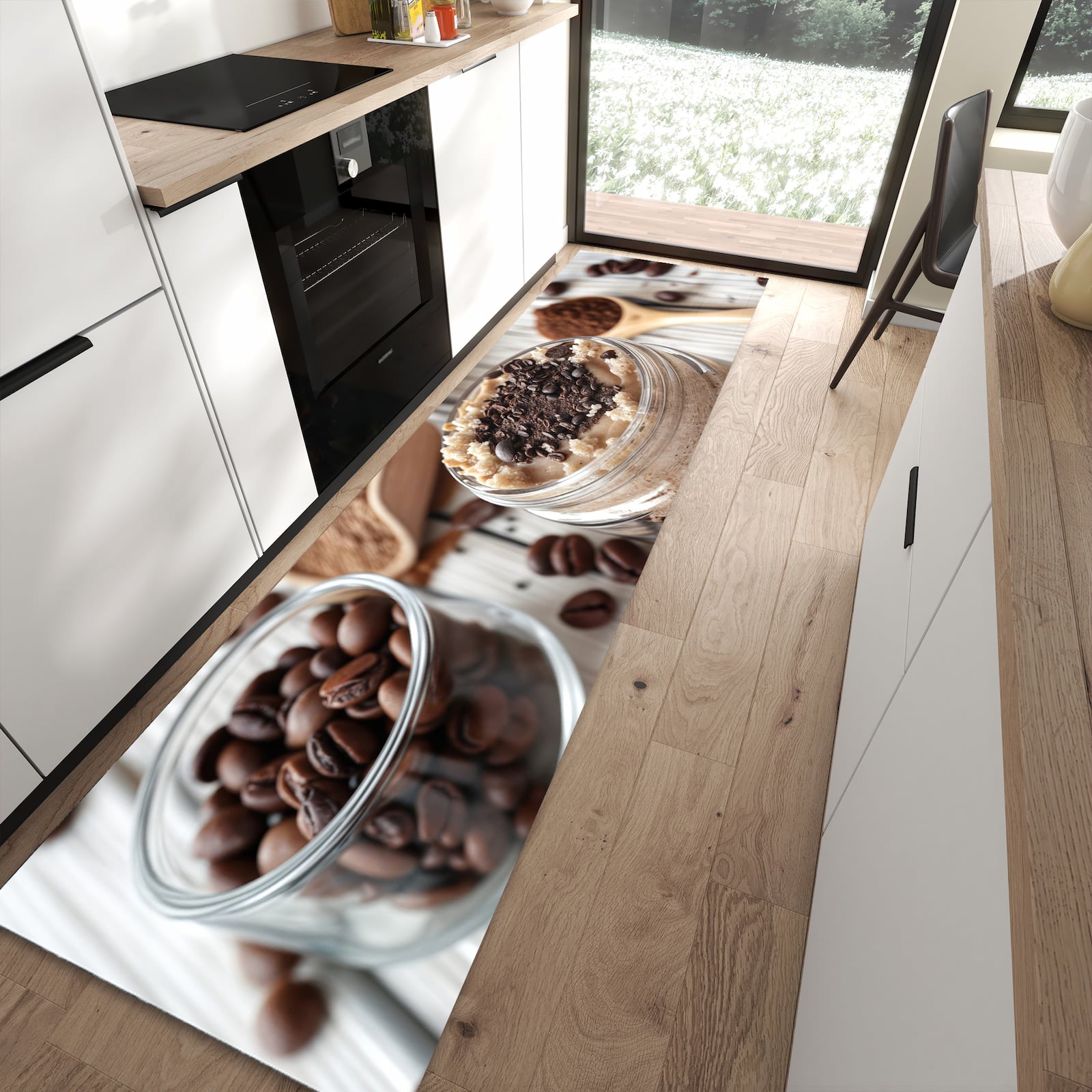 Rutschfester Küchenteppich mit Motiv Kaffeedessert Glas in moderner Küche