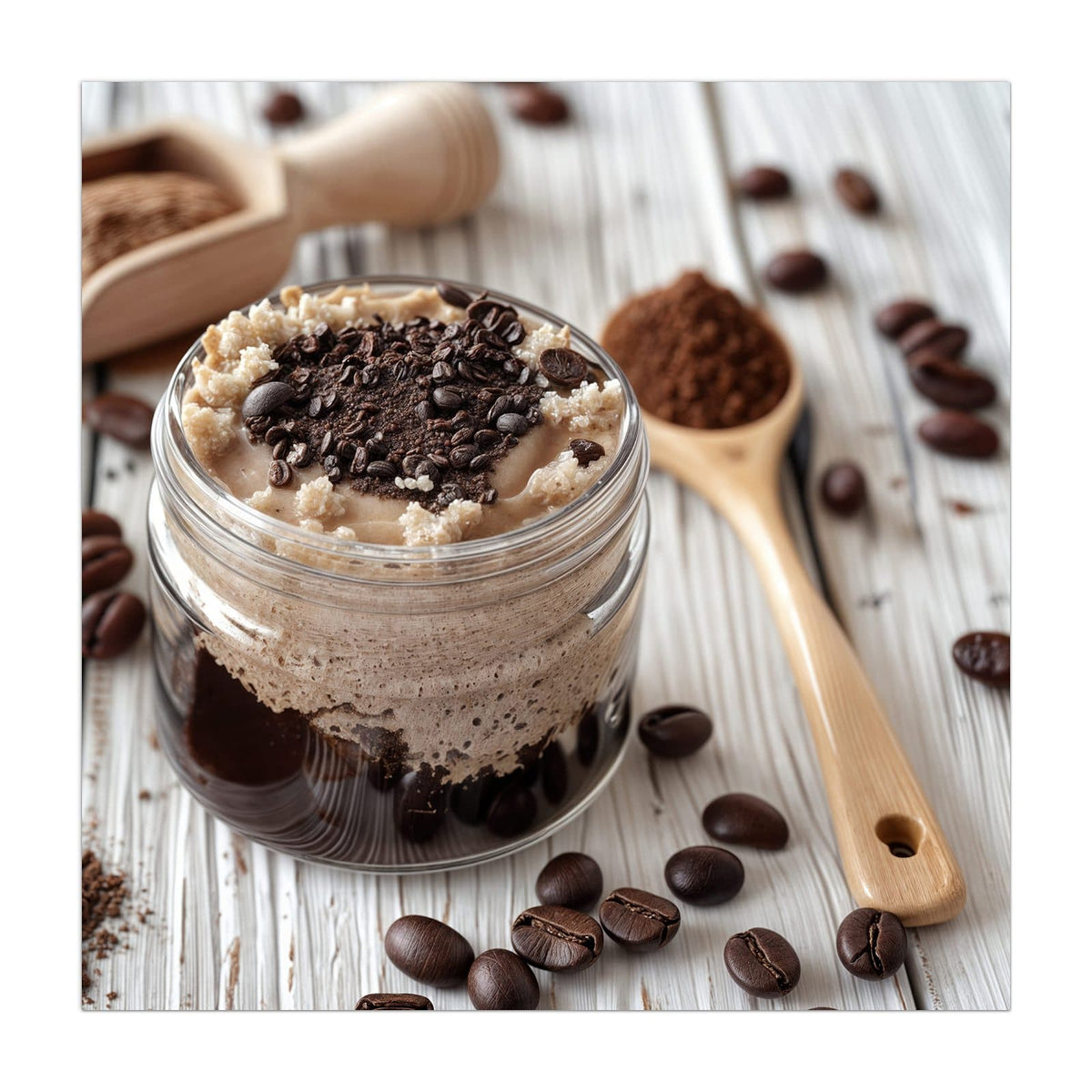 Cremiges Kaffeedessert im Glas mit Schokoraspeln, daneben ein Holzlöffel mit Kakao und Bohnen