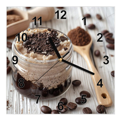 Wanduhr Quadratisch mit dem Motiv Kaffeedessert im Glas