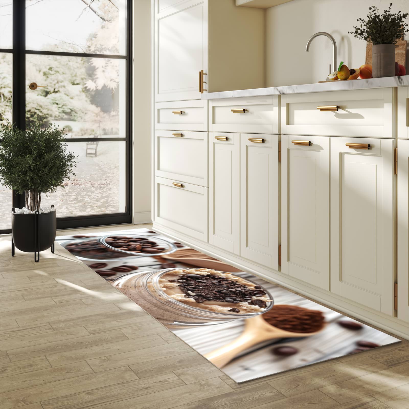 Schmutzabweisender waschbarer Küchenläufer mit Motiv Kaffeedessert Glas in heller Küche