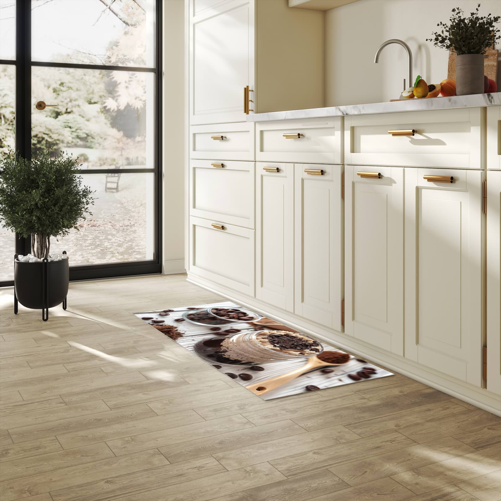 Küchenteppich mit Motiv Kaffeedessert Glas in heller Küche für sicheres Aufbewahren