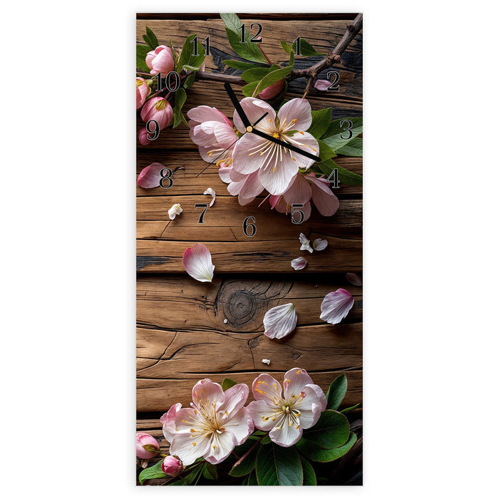 Wanduhr Blüten auf Holz aus Glas – Hochformat 30 × 60 cm mit Ziffernblatt Klassisch
