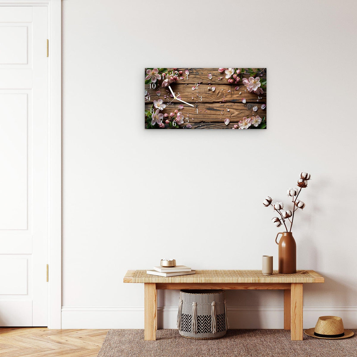 Moderne Wanduhr aus Glas mit Farbtiefe – Wanduhr Blüten auf Holz aus Glas – Querformat 60 × 30 cm
