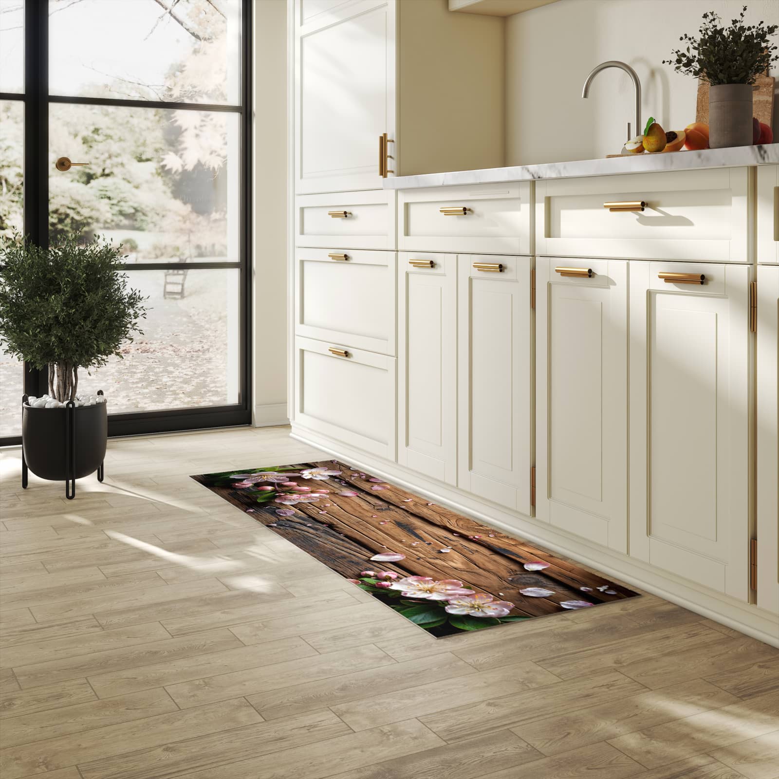 Abwaschbarer Küchenläufer mit Motiv Blüten auf Holz in heller Küche für angenehme Haptik