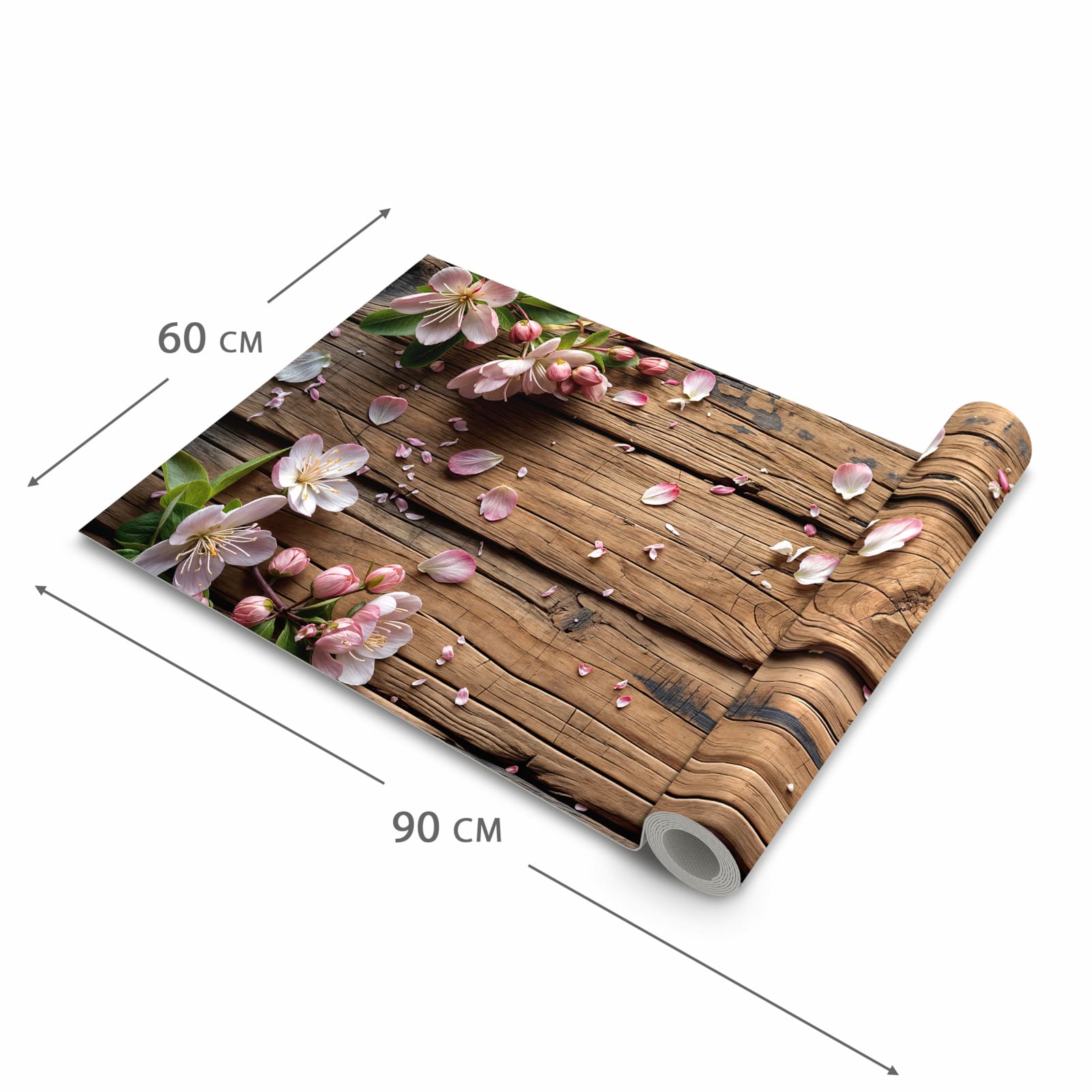 Schmutzabweisender Küchenteppich mit Motiv Blüten auf Holz in der Grösse 60x180 cm