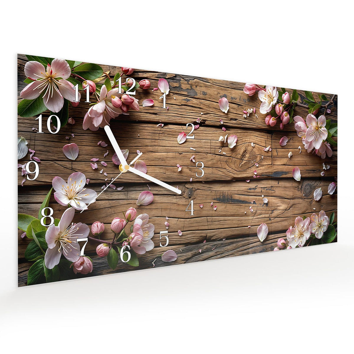 Vormontiert – mit Schwebeeffekt – Wanduhr Blüten auf Holz aus Glas – Querformat 60 × 30 cm