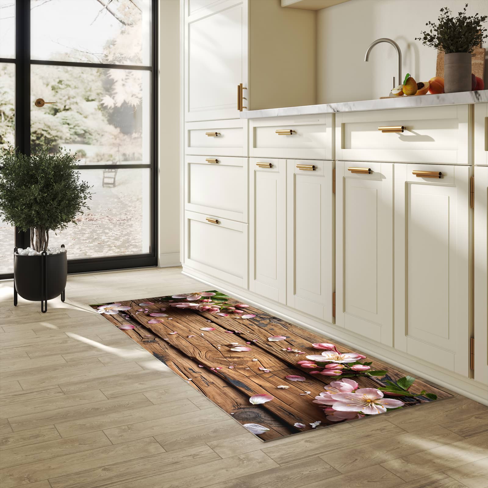 Rutschfester Küchenteppich mit Motiv Blüten auf Holz in heller Küche