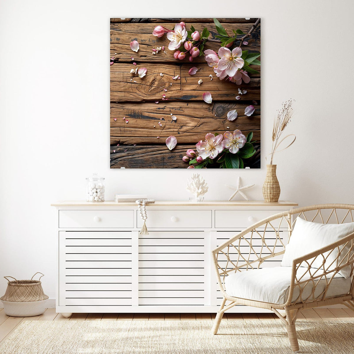 Echtglas, 4 mm – kein Acryl, keine Folie – Wandbild - Apfelblüten auf Holz - Quadratisch