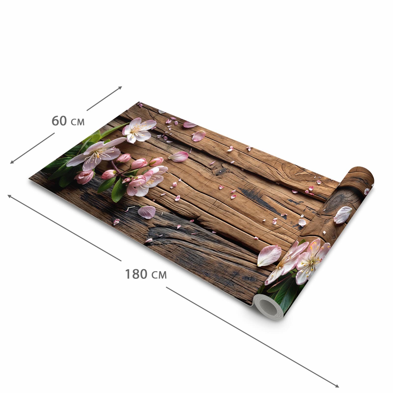UV-beständiger Küchenteppich mit Motiv Blüten auf Holz in der Grösse 60x180 cm