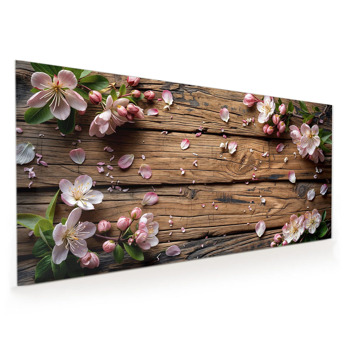 Küchenrückwand aus Glas im Hochformat: Rosa-weiße Apfelblütenzweige und verstreute Blütenblätter auf rustikalen Holzbohlen.