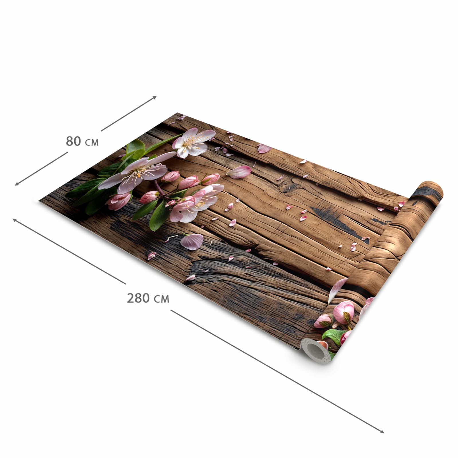 Flacher waschbarer Küchenteppich mit Motiv Blüten auf Holz in der Grösse 60x180 cm