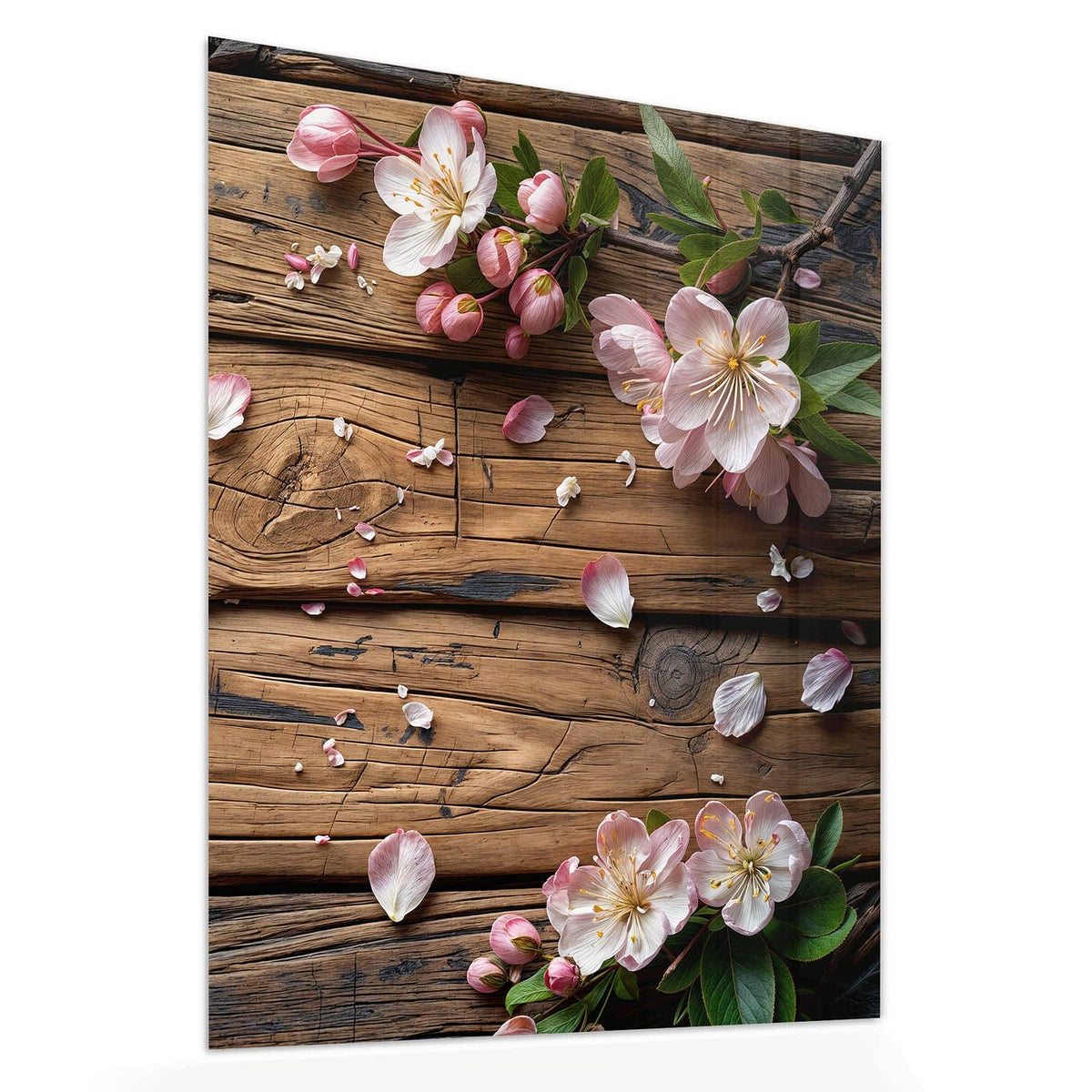 Echtglas, 4 mm – kein Acryl, keine Folie – Wandbild - Apfelblüten auf Holz - Hochformat