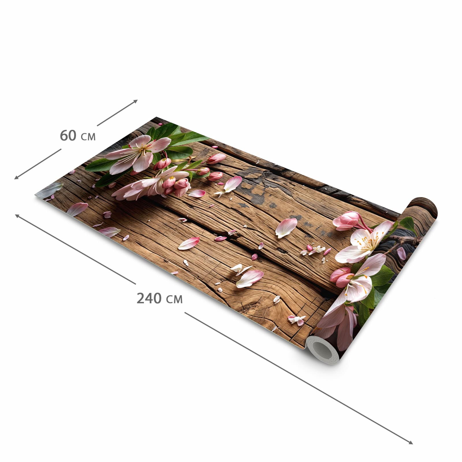 Komfortabler Küchenteppich mit Motiv Blüten auf Holz in der Grösse 60x180 cm