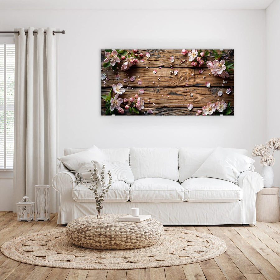 Maße Wandbild - Apfelblüten auf Holz - Querformat