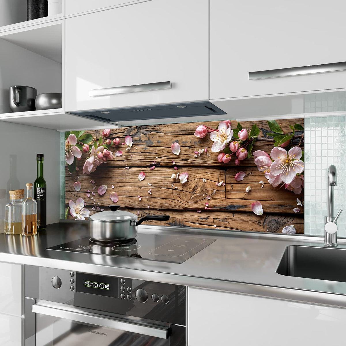 Küchenrückwand aus Glas Apfelblüten auf Holz im Hochformat als Spritzschutz hinter dem Kochfeld, über dem Fliesenspiegel montiert