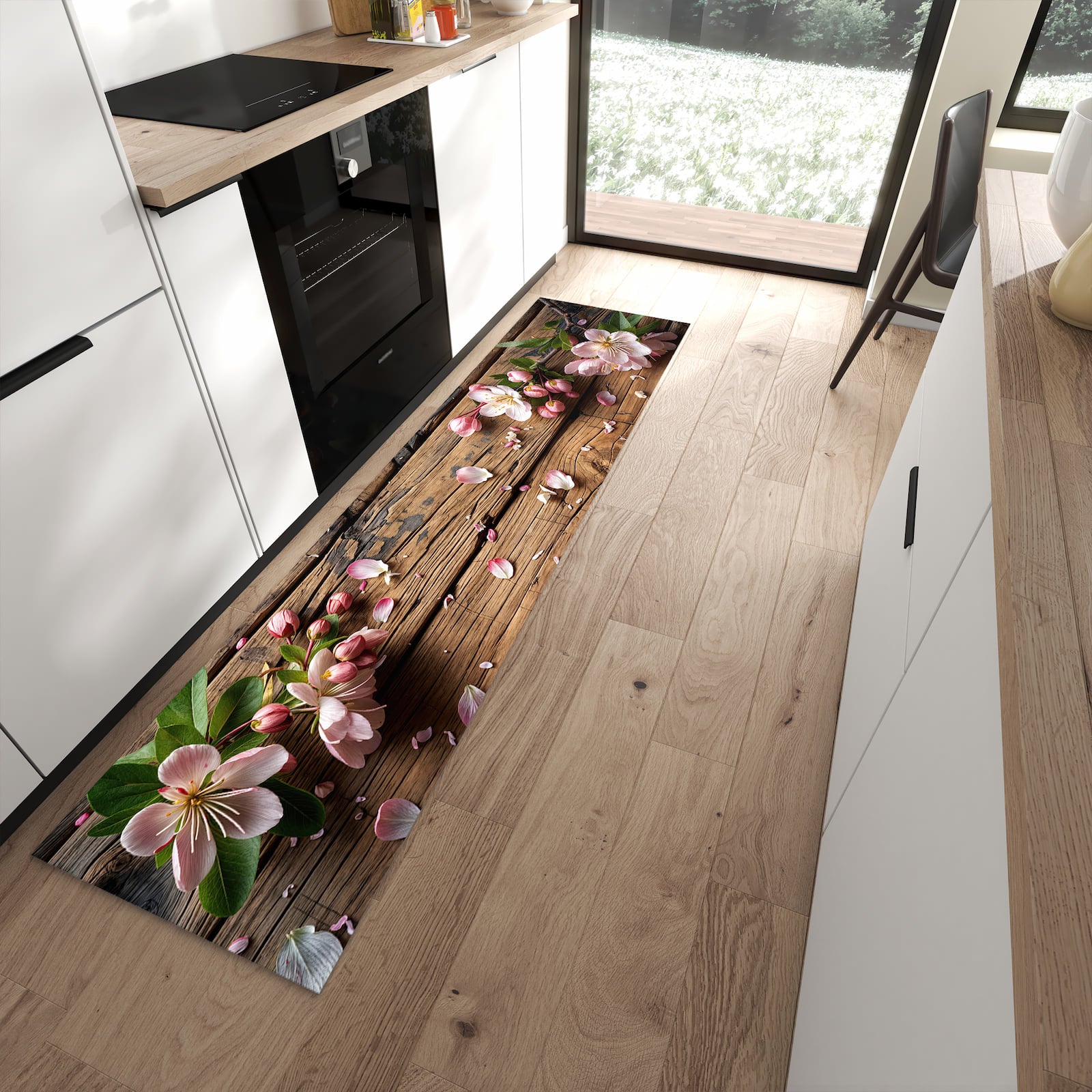 Feuchtigkeitsresistenter Küchenteppich mit Motiv Blüten auf Holz in moderner Küche