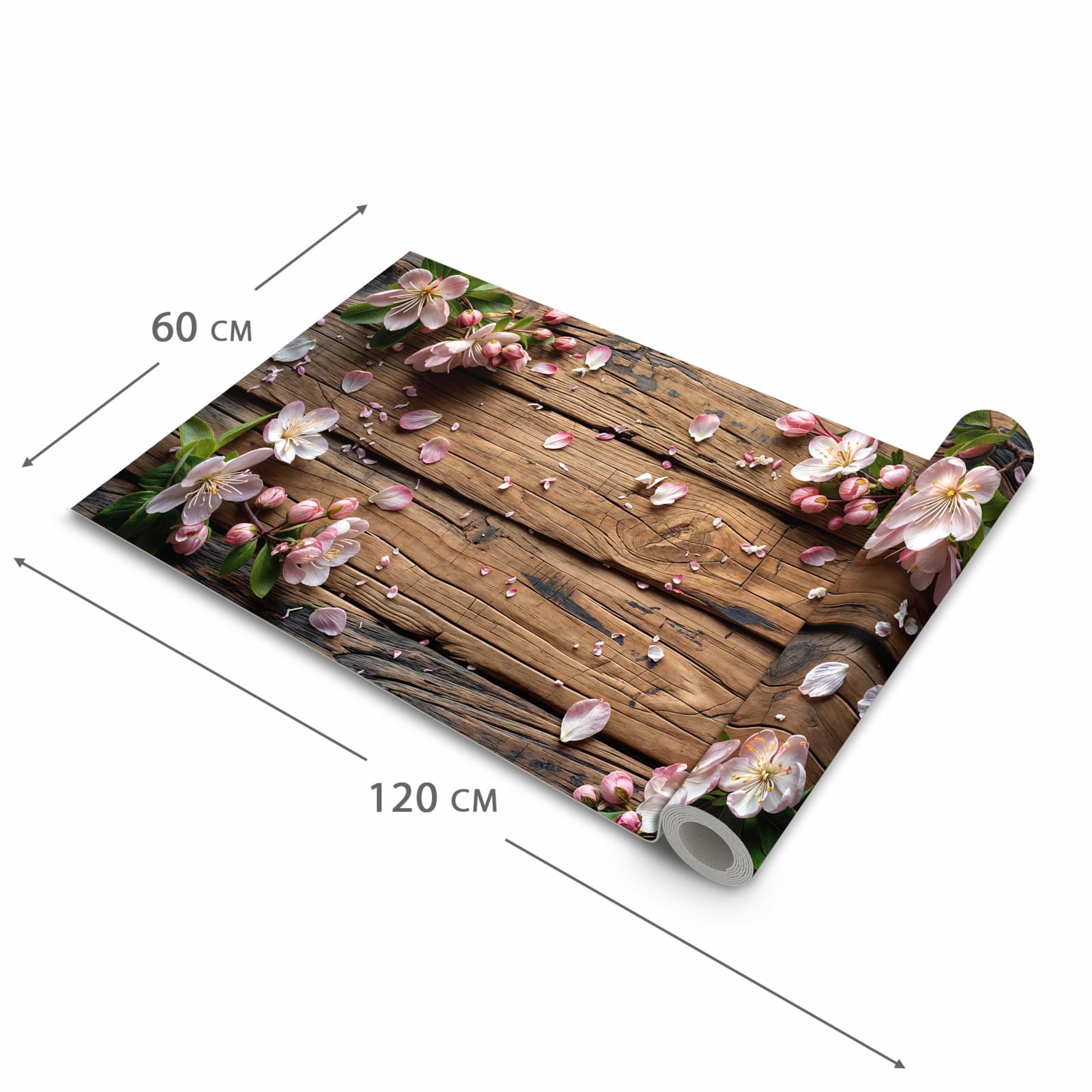 Geräuschdämpfender Teppich für die Küche mit Motiv Blüten auf Holz in der Größe 60x180 cm