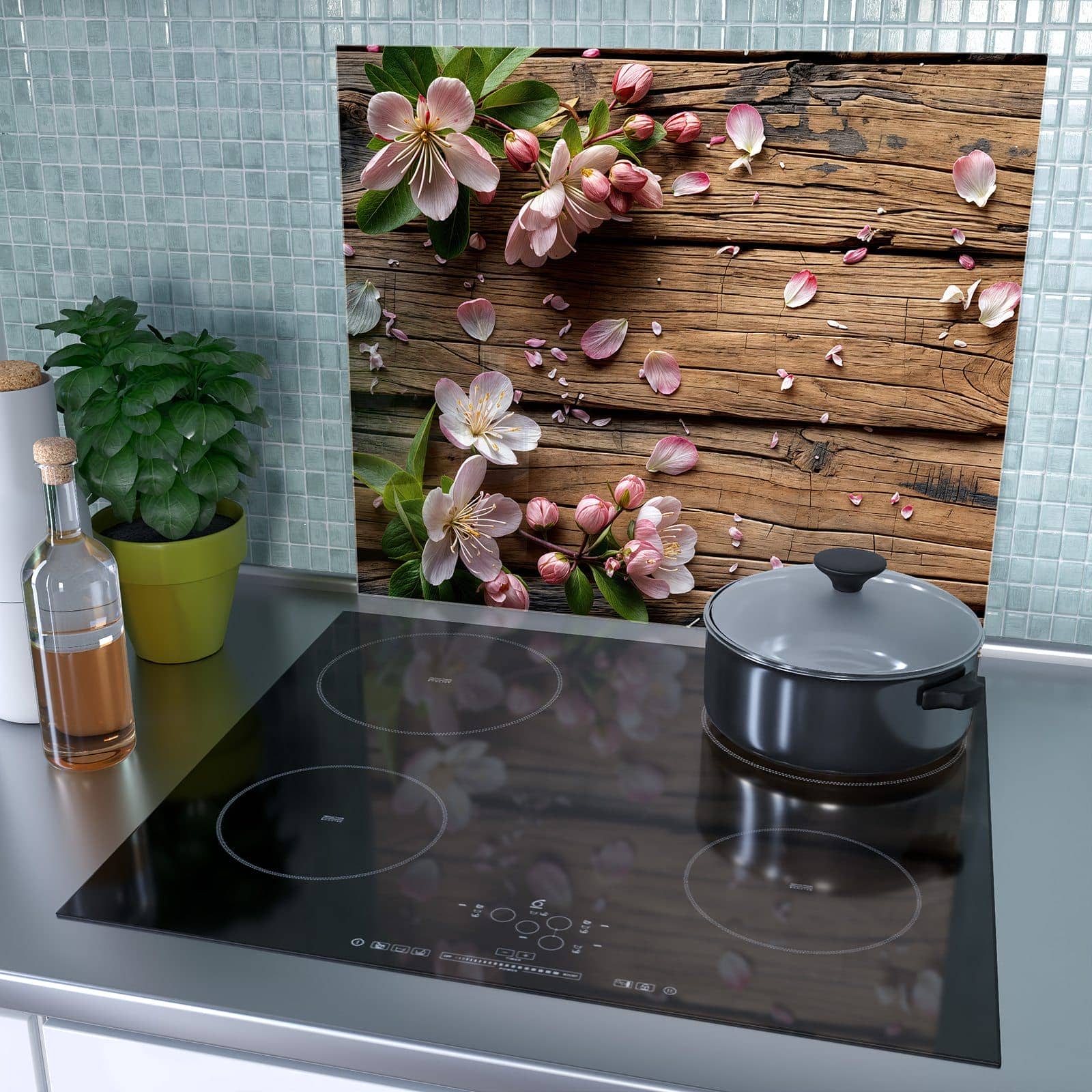 1-teilige Abdeckplatte Ceranfeld mit Blüten auf Holz-Motiv als Spritzschutz hinter dem Kochfeld