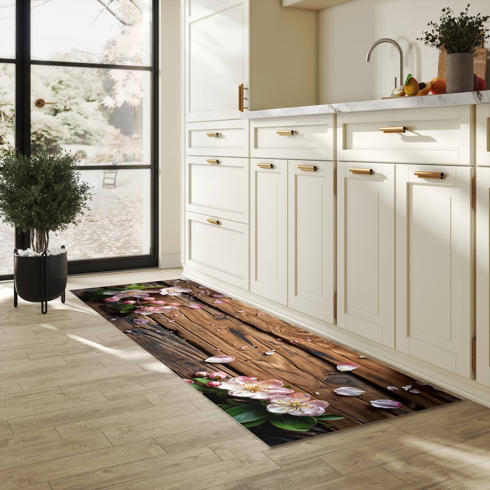 Feuchtigkeitsresistenter Teppich für die Küche mit Motiv Blüten auf Holz in heller Küche