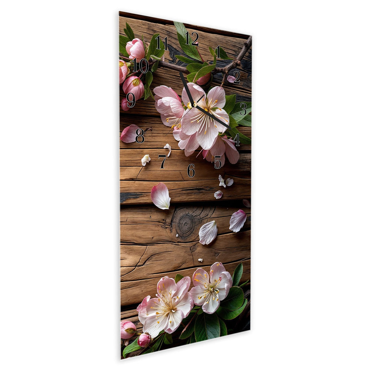 Vormontiert – mit Schwebeeffekt – Wanduhr Blüten auf Holz aus Glas – Hochformat 30 × 60 cm